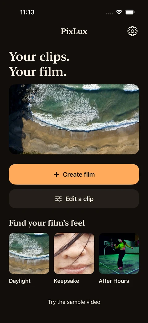 Upcoming PixLux library with Create film, Edit a clip and three starting looks
